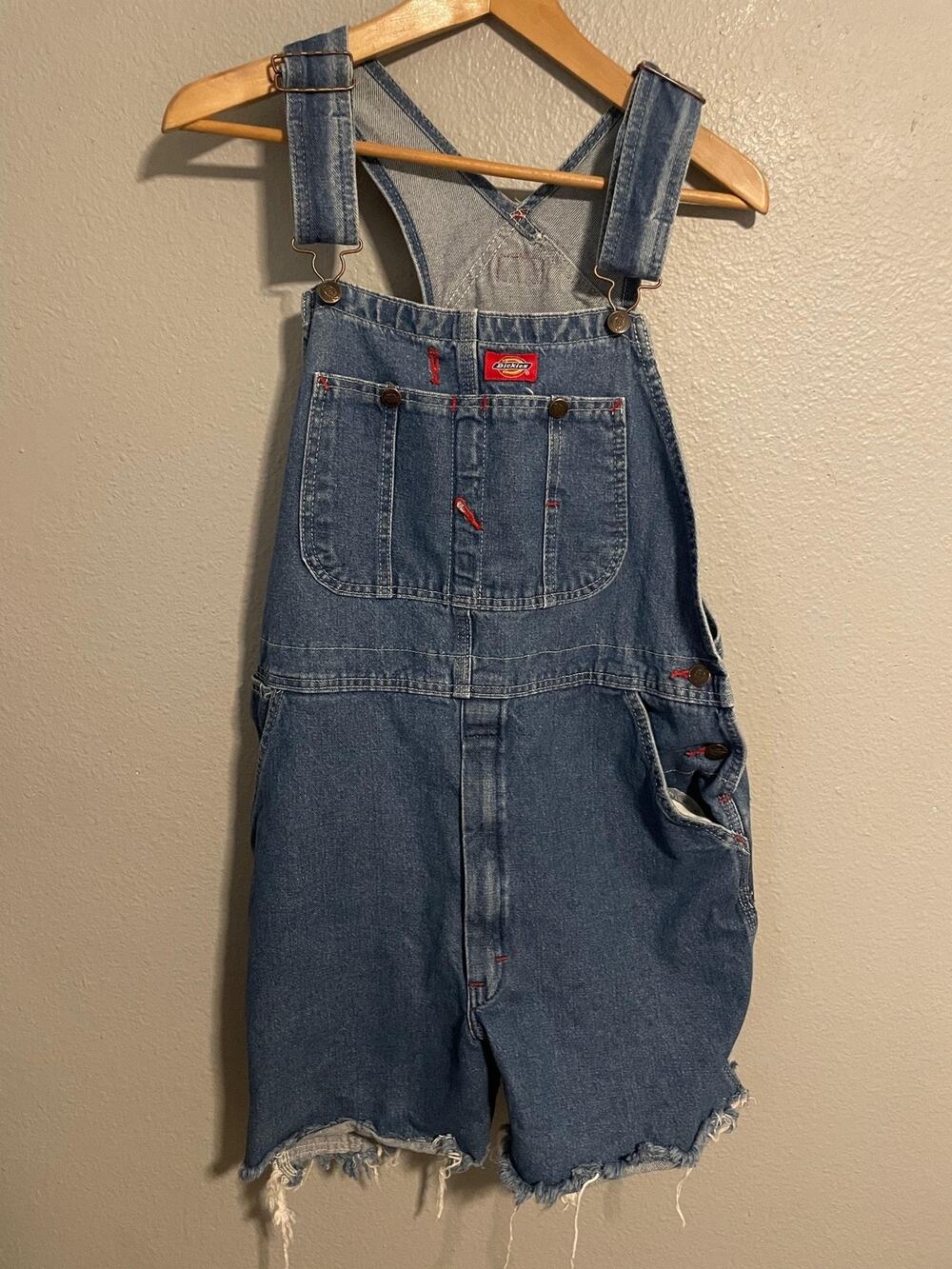 Dickies Bib Overalls Shorts Women 32 Blue Denim Carpenter Cutoff Frayed 7 Inseam